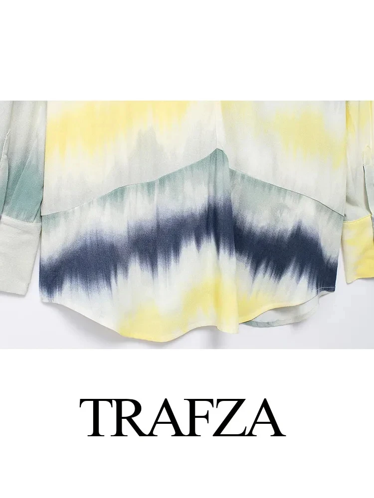 TRAFZA Women Tie Dye Print Blouse Pant Sets 2024 Tie Dye Long Sleeves Single Breasted Shirts+Elastic Waist Lace-Up Wide Leg Pant