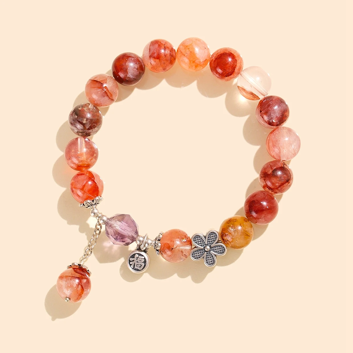 

Flower Charm 10mm Natural Red Rutilated Quartz Round Beads & Amethyst Cut Bead Beaded Strand Bracelet for Women Femme Female