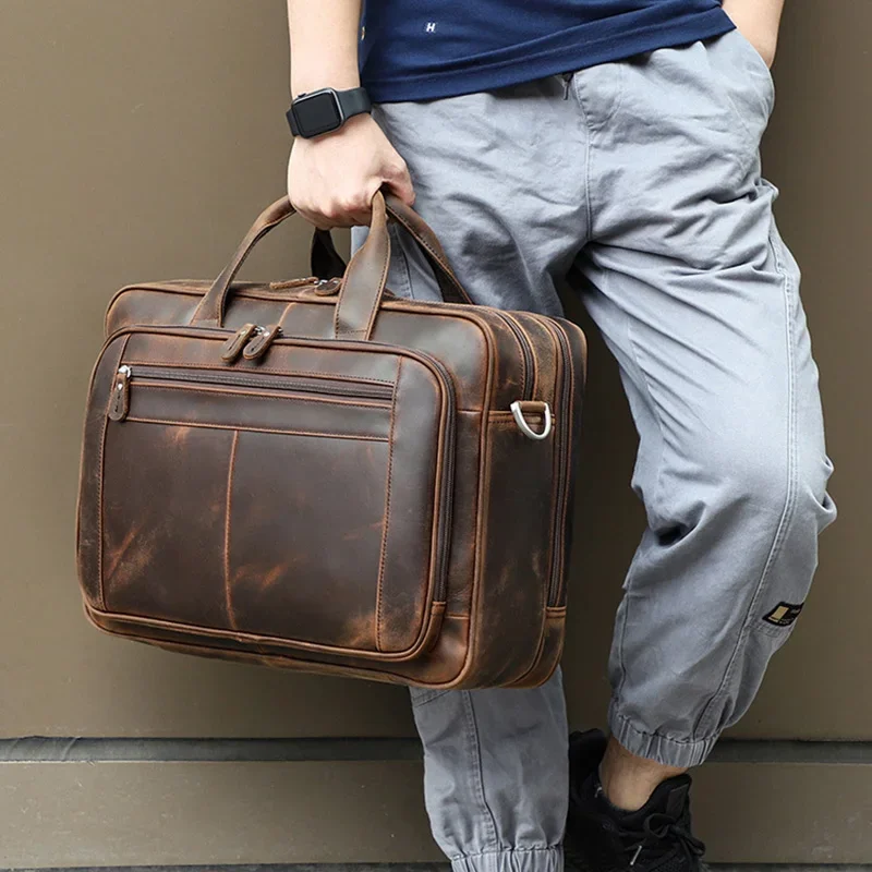 Genuine Leather Briefcase For Man Crazy Horse Leather 17 inch Laptop Business Handbag Cowhide Male Tote Big Shouler Bags