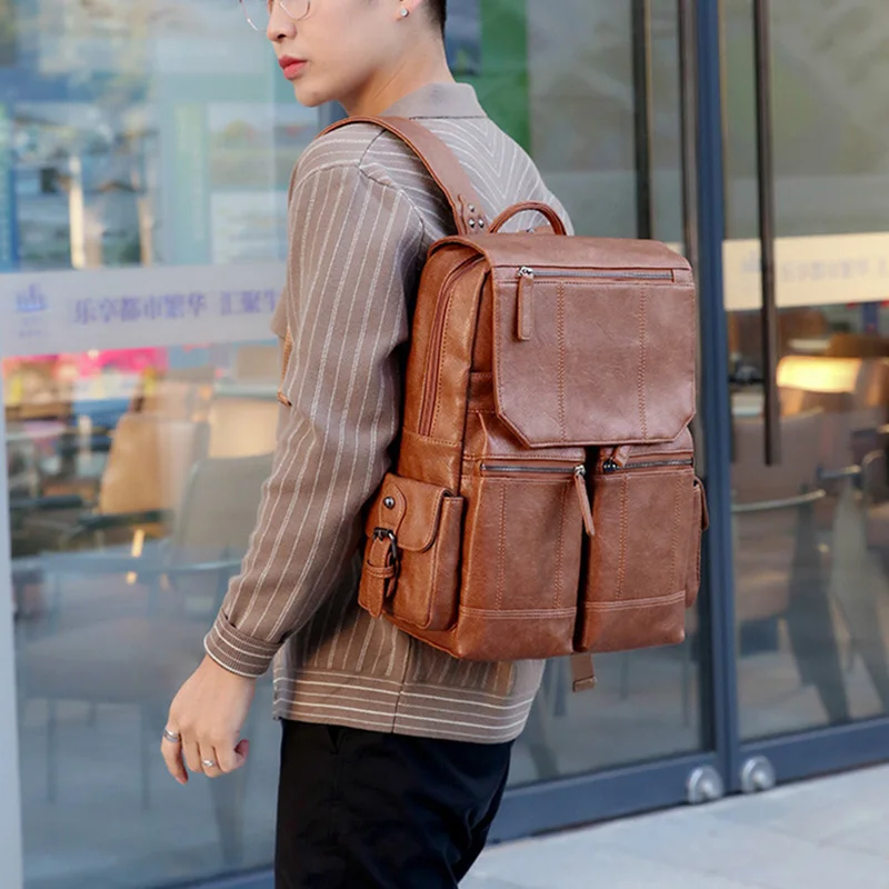 حقيبة ظهر رجالية راقية من جلد البولي يوريثان حقيبة ظهر ريترو ذات سعة كبيرة حقيبة سفر خارجية 2026 حقيبة كمبيوتر محمول للأعمال