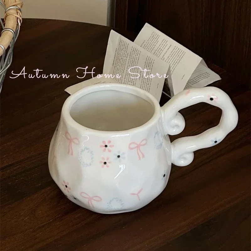 French Style Hand Drawn Butterfly Bow with Floral Patterns Ceramic Cup with Large Handle Drinking Cup