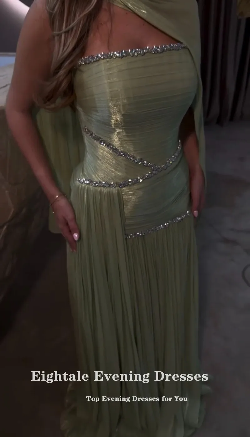 Eightale Arabic Evening Dress Strapless Beaded Sage Green Crepe Customized  A-Line Pleats Prom Wedding Party Gown image 5