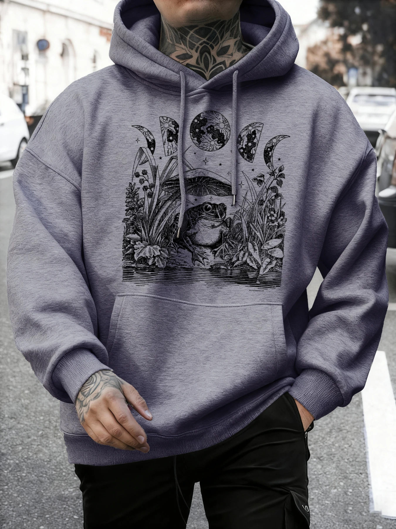 Frog Under The Moonlight Print Sportswear For Men Street Casual Hoodie Autumn Loose Fashion Pullover Unisex Fleece Warm Clothes