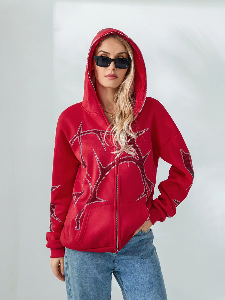 Y2k Women Graphic Print Zip Up Hoodies Loose Fit Long Sleeve Sweatshirt Jacket with Pockets 2023 Autumn Streetwear