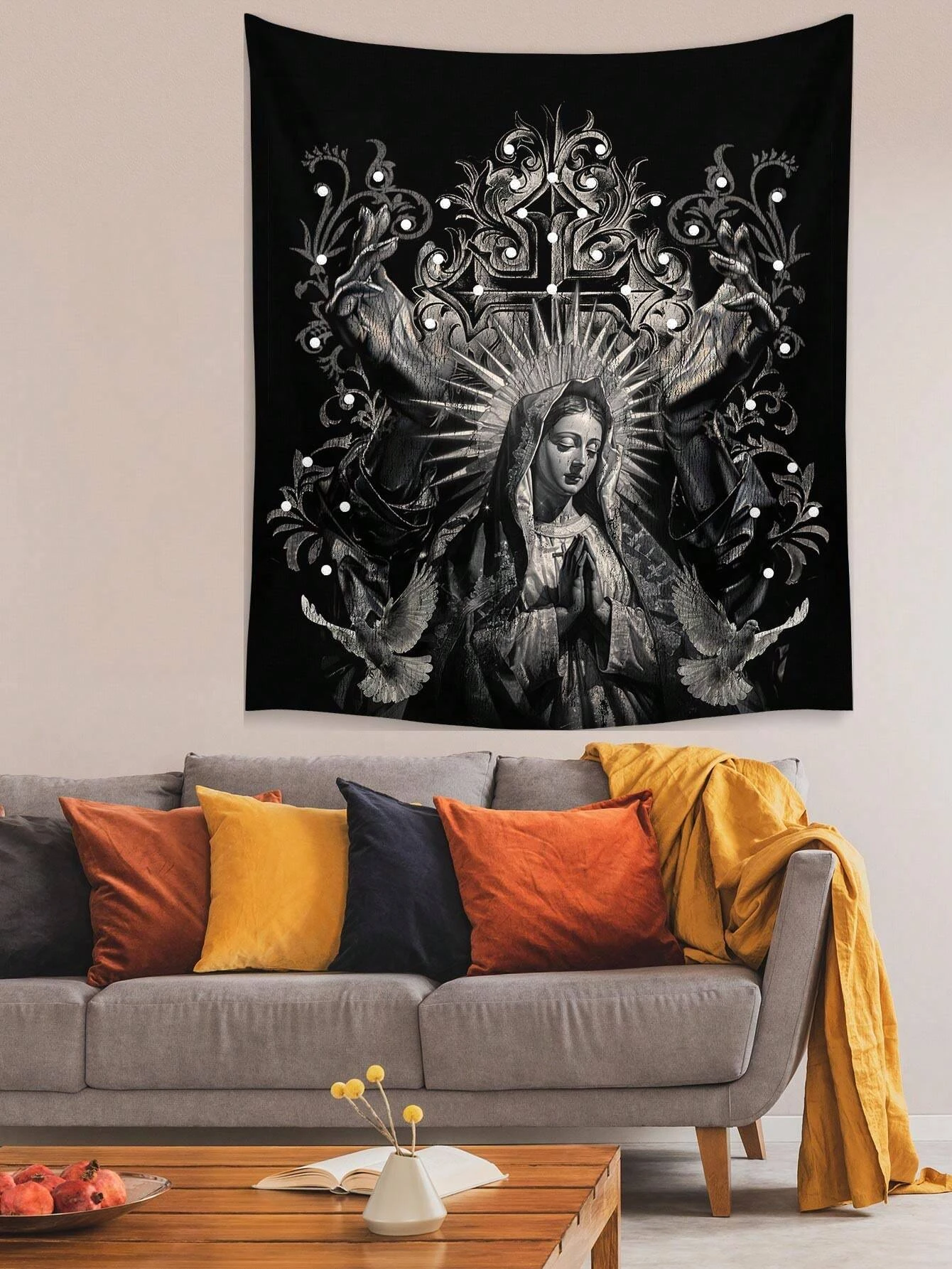 ROMWE Goth Dark Holy Lady Dove Cross Tapestry, Polyester Wall Hanging for Living Room Bedroom Home Camping All Season Wall Decor