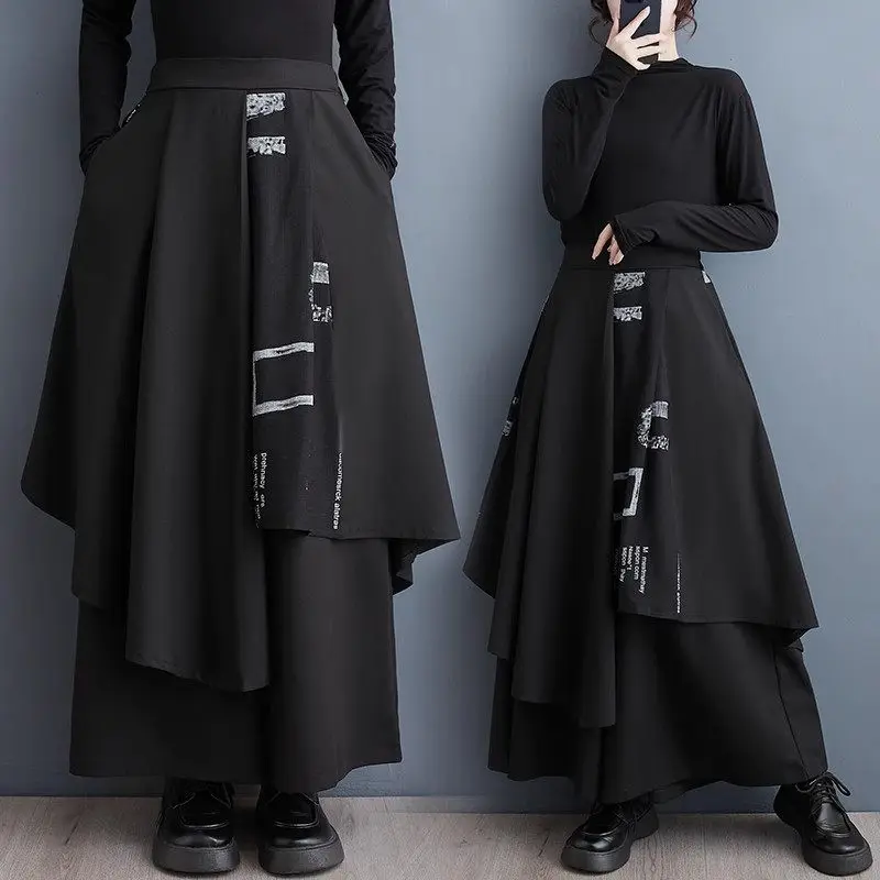 

2024 Spring And Autumn Skirt Pants Women's Black Wide Legged Trousers High Waist Draping Design Irregular Culottes Z4428