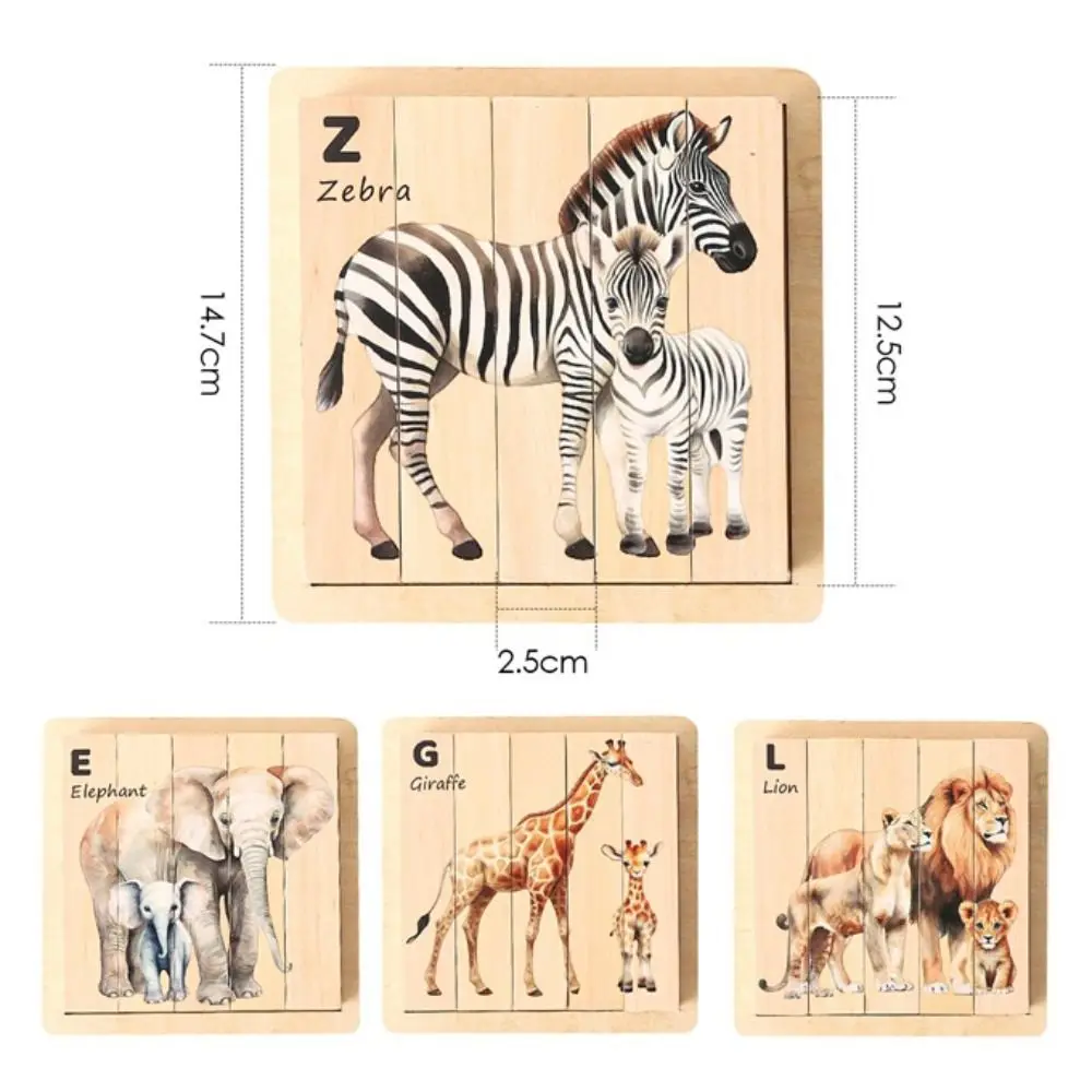 

4 in 1 Wooden Animal Chunky Puzzle with 4 Sides Toddlers Preschool Educational Montessori Toys Gift Hand-eye Coordination Train
