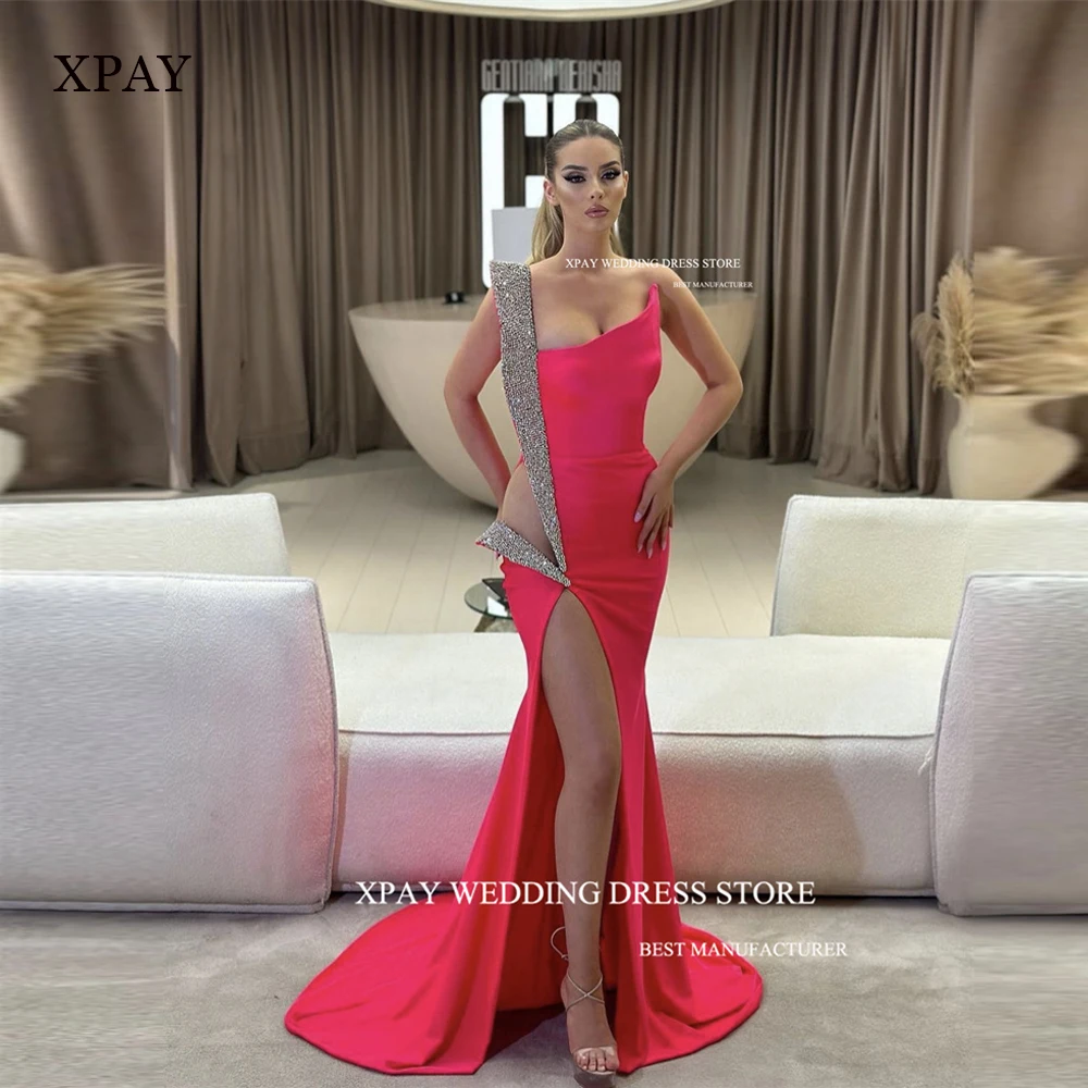 

XPAY Shiny Mermaid Pink Prom Dresses Dubai Arabic Women Side Split Long Sexy Evening Gowns Party Dress Vestido de noche