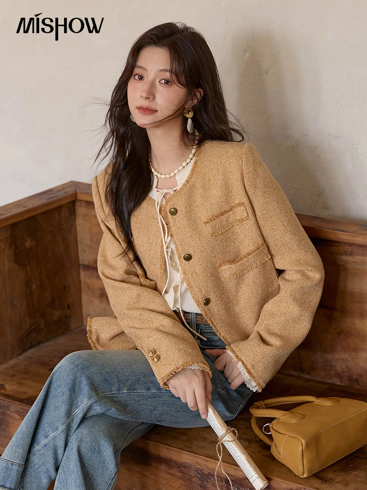 

MISHOW Women's French Chic Short Boucle Jacket 2025 Autumn Tweed Coats Single Row Metal Buttons Brushed Texture Top MXE43W0808