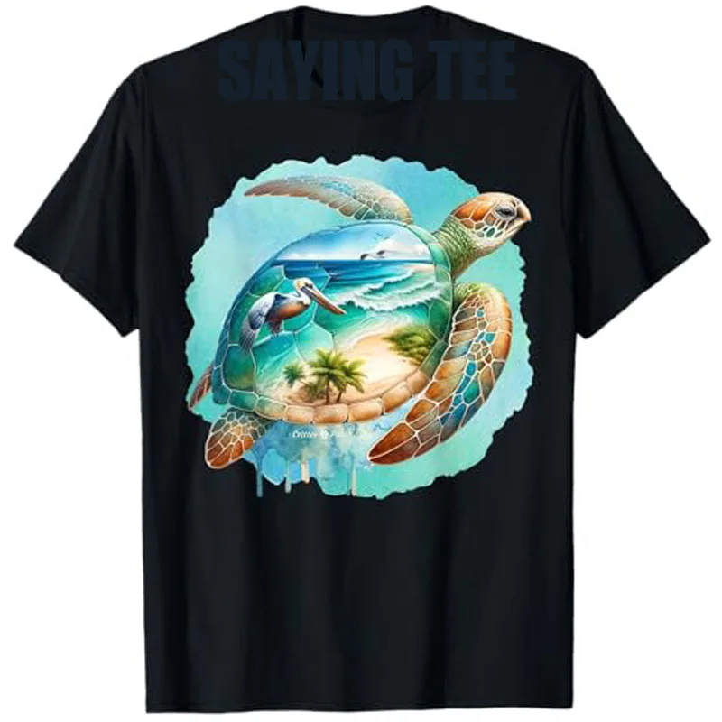 

Tropical Sea Turtle with Beach and Pelican Watercolor T-Shirt Funny Critter Patch Saying Tee Fashion Earth Day Cool Novelty Gift