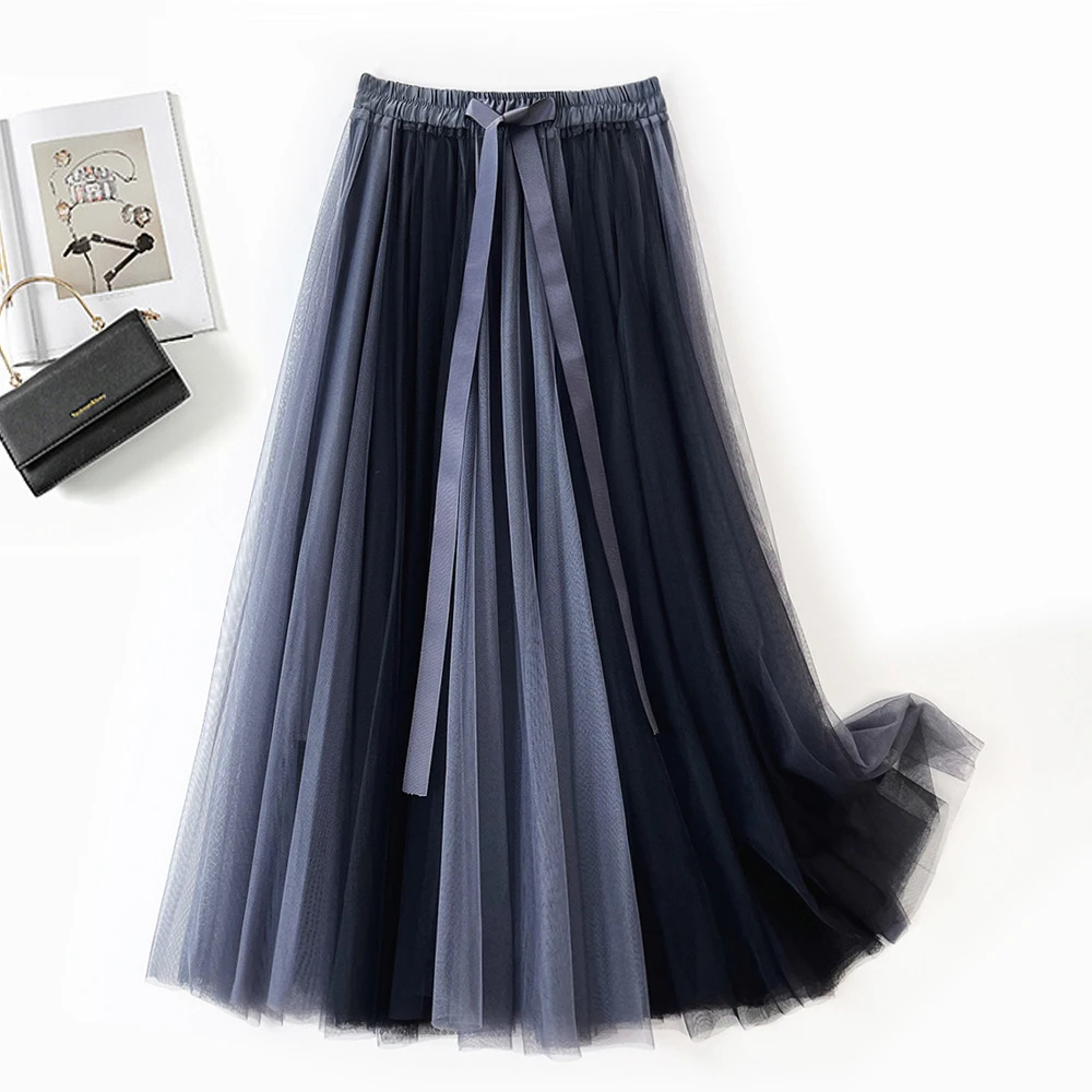 Korean Style Contrasting Mesh Skirt Elastic Waistband Bow Gentle Style Big Swing Skirt Fashionable Temperament Half Length Skirt