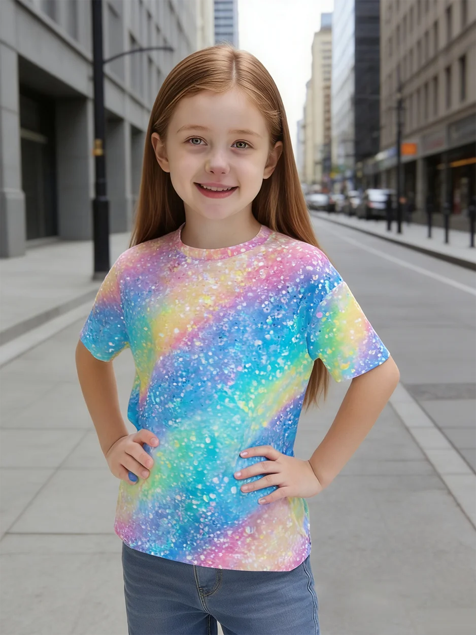 

2026 summer new children's color tie-dye short-sleeved T-shirt, girls' loose casual versatile top