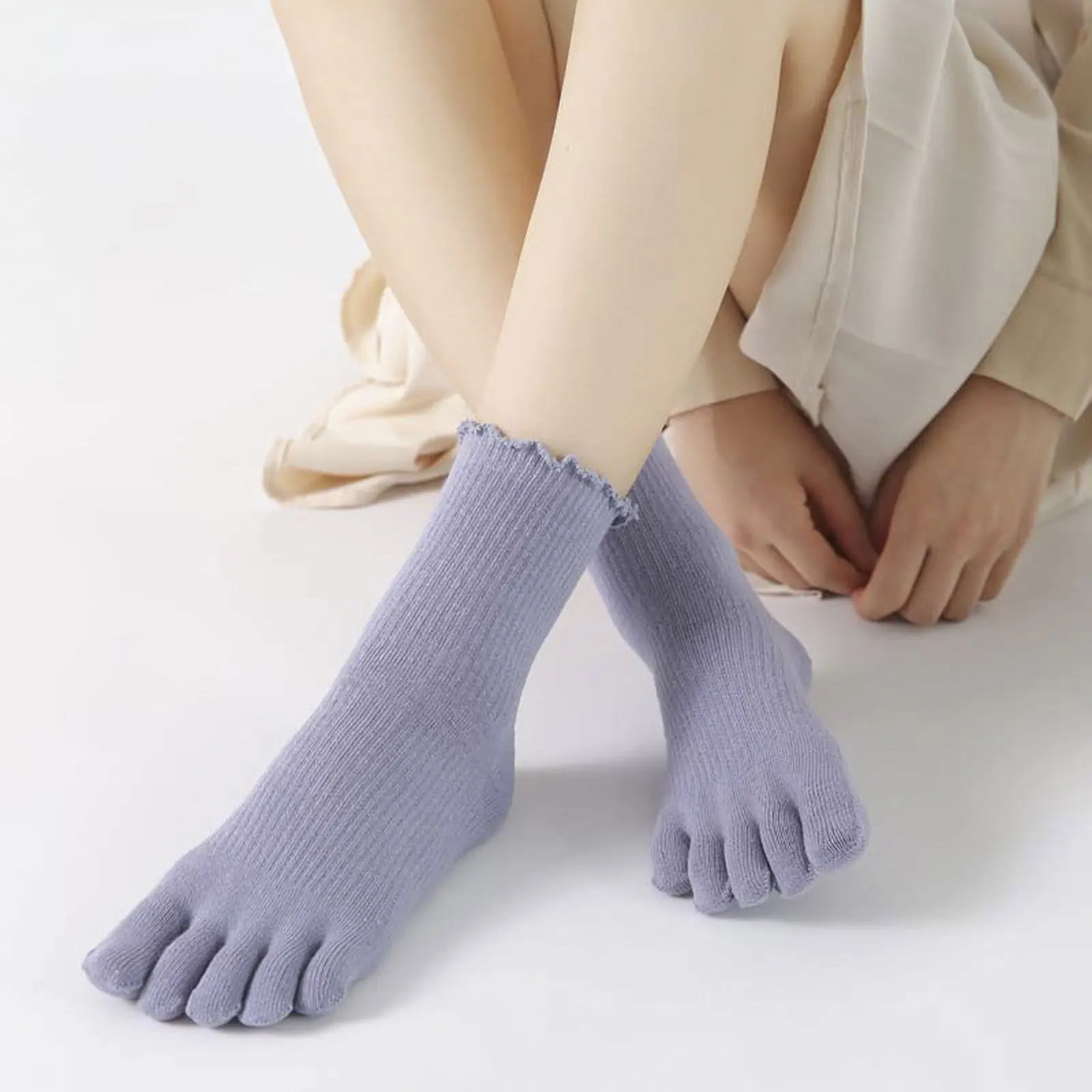 

5 Pairs Women Cotton Socks Ruffle Solid Color Five Finger Socks Absorb Sweat Deodorant Warm Split-Toe Socks for Autumn Winter