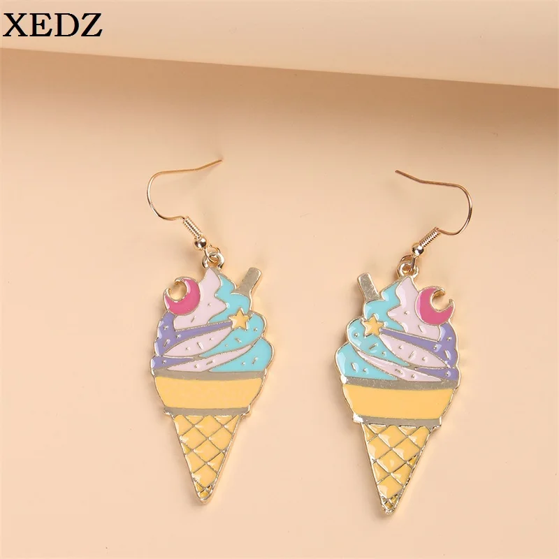 

XEDZ Ice Cream Enamel Earrings Pendant Cartoon Stars Moon Pattern Earrings Fashion Versatile Accessories Ladies Kids Party Gifts