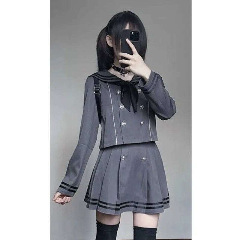 Japanese Subculture Retro Cosplay Costume Sailor JK Uniform Y2k Tops Mini Pleated Skirt Suit for Women Elegant Two Peice Sets view 3