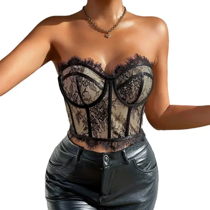 CHUANGERM Sexy Women Corset Black Lace Embroidery Corset Shaper Bra Feather Fashion Female Backless Lingerie Sexy Woman Push Up