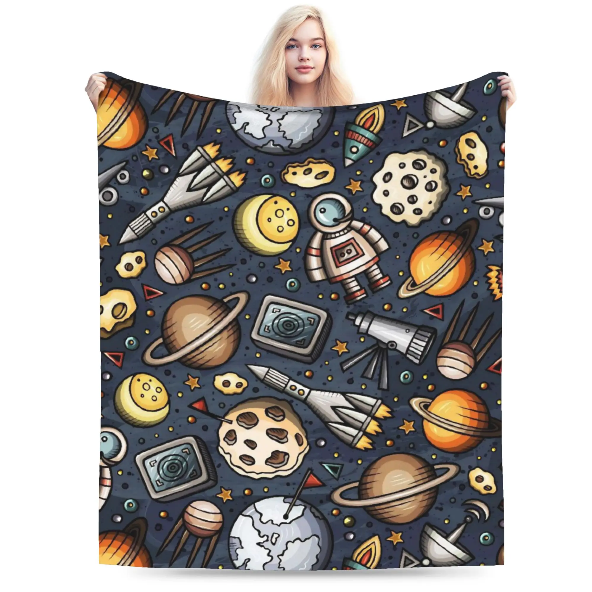 Space Planets Rockets  Super Soft Blanket  Kids Plush Bedding Throws Funny Home Decor Flannel Bedspread Sofa Bed Cover