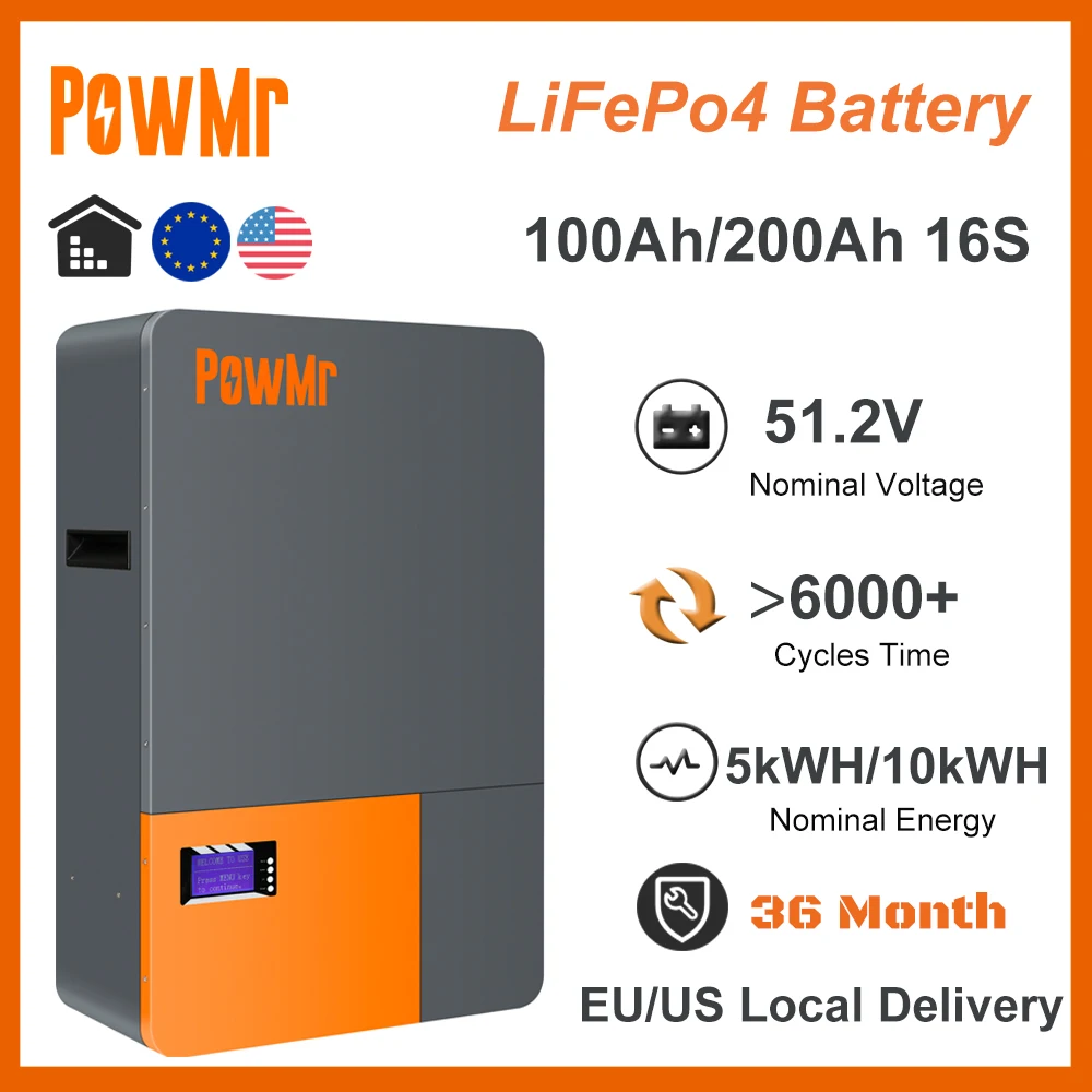 

PowMr EU US Stock PowerWall 200Ah 100Ah LiFePo4 Battery 5kWH 10kWH More Than 6000 Cycle CAN RS485 BMS 16S Fit Solar Power No Tax