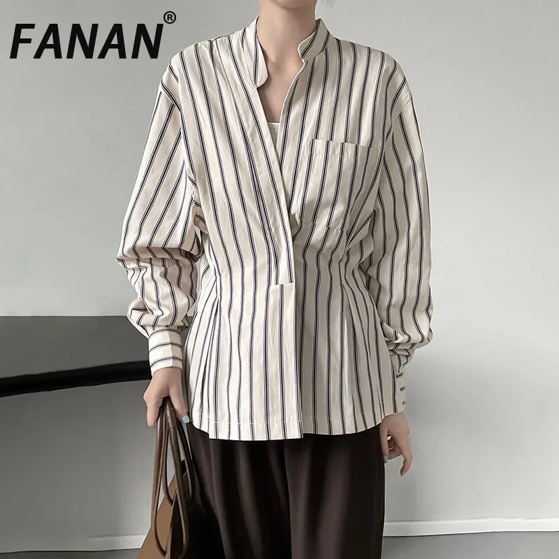 

FANAN Fashion Striped Contrast Color Shirts Women's Gathered Waist Long Sleeve Office Lady Fit Blouses Female Tops 2025 Spring