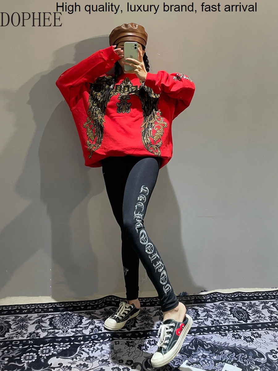 Hot Blingbling Letters Drilling Spring Autumn Bottoming Pants All-match High Waist Streetwear Trendy Ankle-length Black Leggings