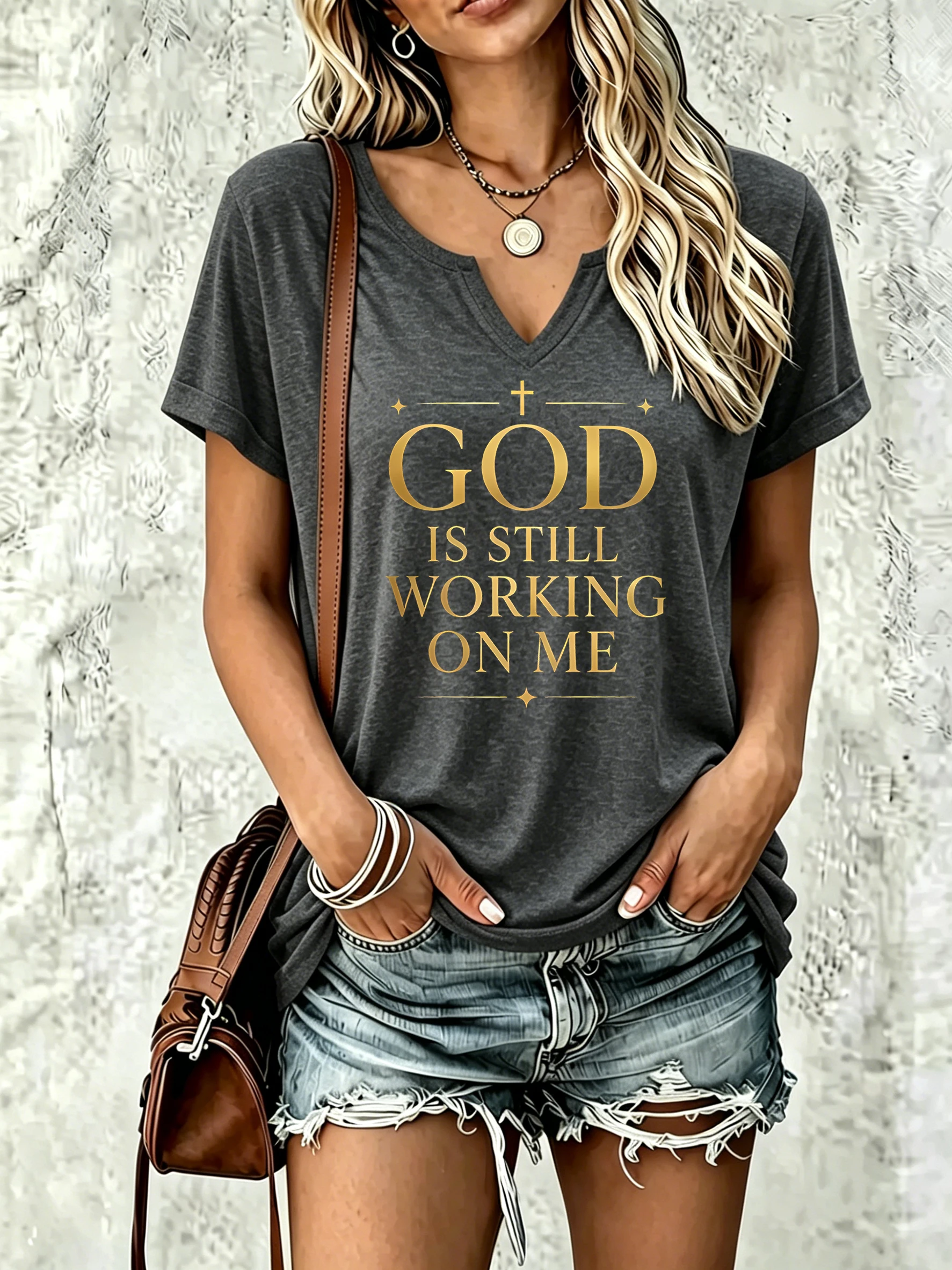 Women Summer V Neck Short Sleeve T Shirt, God Is Still Working on Me Cross Faith Slogan Print, Casual Daily Tee for Ladies