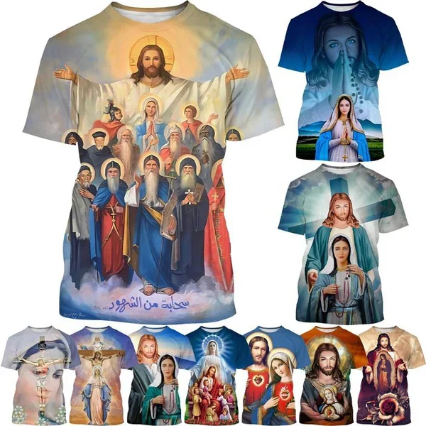 Christian God Jesus Fashionable 3D Printing T-Shirt Casual Round Neck Short Sleeve Mother of God Virgin Mary T-Shirt