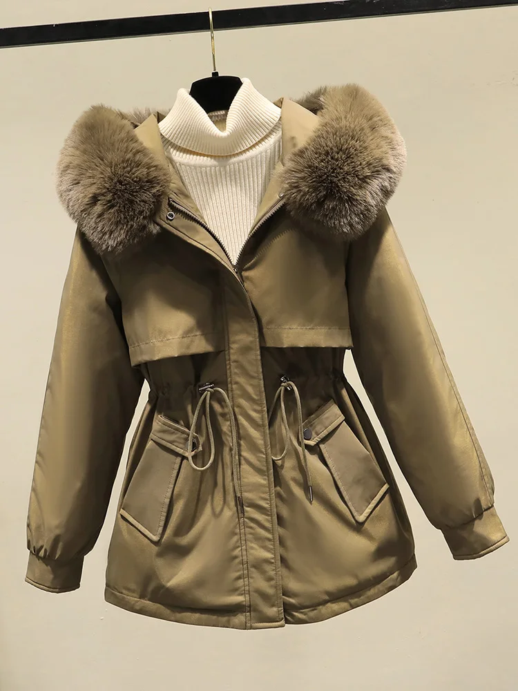 معطف نسائي دافئ للخريف من الكتان بتصميم عصري وبدون ياقة مع سحاب للإغلاق