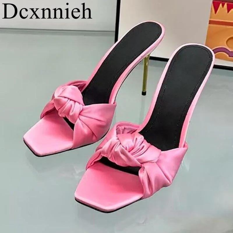 

Summer Silk Satin Thin High Heel Slippers Women's Square Toe Tie A Knot Design Sandals Ladies Runway Party Banquet Dress Shoes