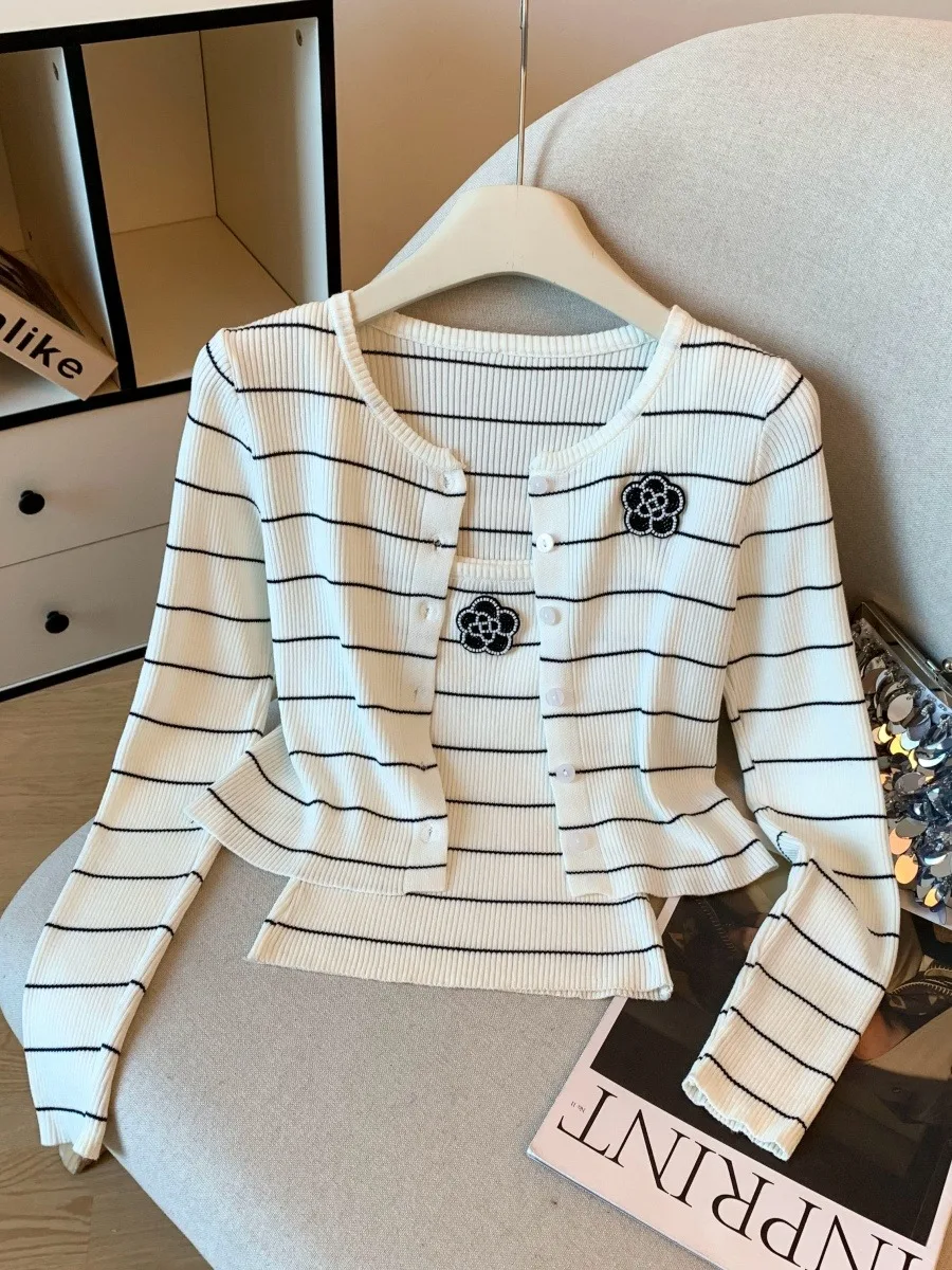 

Французский Sle Slim Fit Long Sve полосатый вязаный открытый кардиган женский модный осенний комплект из двух предметов Ci Walk Po...