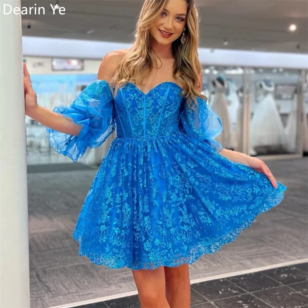 Vestido formal personalizado de noite dearin, ombro de fora, linha a, mini saias de comprimento, renda, vestidos de ocasião sob medida, vestido de baile saudita