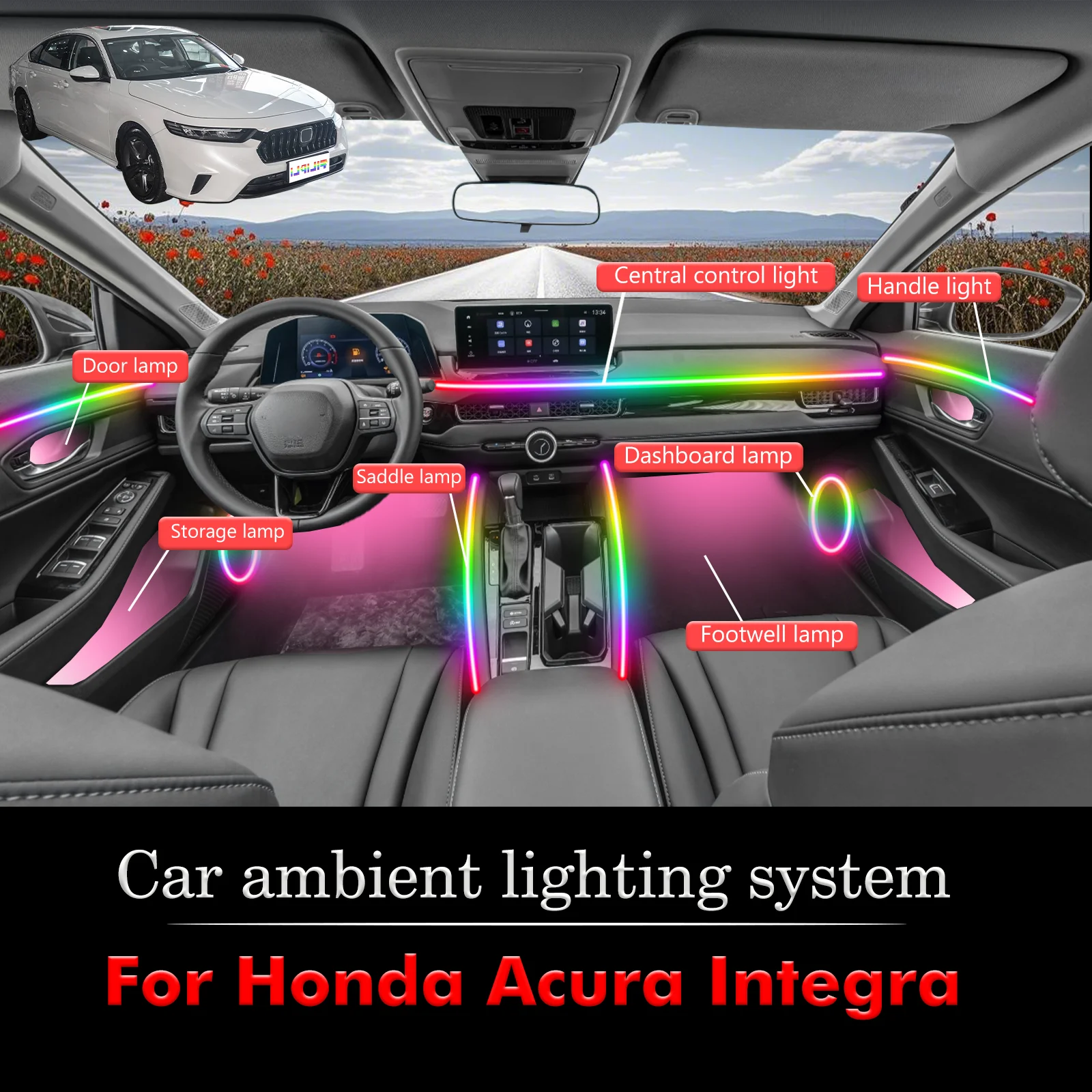 

For Honda Acura Integra RGB 64 Colors LED Car Interior Ambient Light Smart Remote Control Rainbow Acrylic Strip Kit