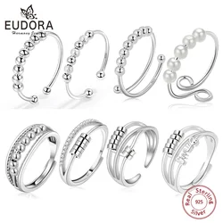 Eudora 925 Sterling Silver Anti Stress Ring for Women, Fidget Spinner Ring Anxiety Relief Adjustable Open Ring Gift for Her