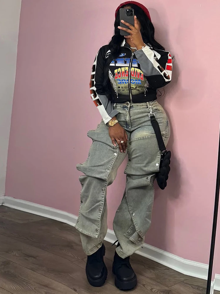 

Kliou Кожаные крутые женские куртки Модные узкие укороченные пальто с длинными рукавами и круглым вырезом на молнии с буквенным принтом Женская уличная верхняя одежда