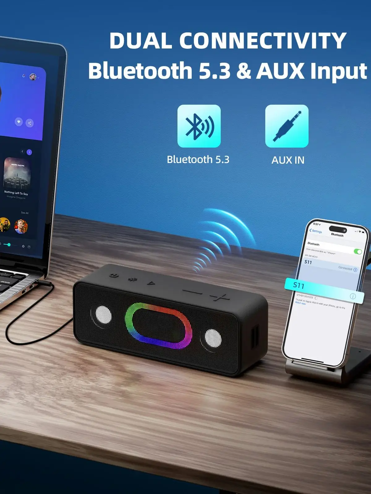 Ortizan S11 Haut-parleur Bluetooth portable avec lumières Haut-parleurs d'ordinateur Bluetooth pour bureau, haut-parleurs de jeu pour PC, ordinateur portable, tablette