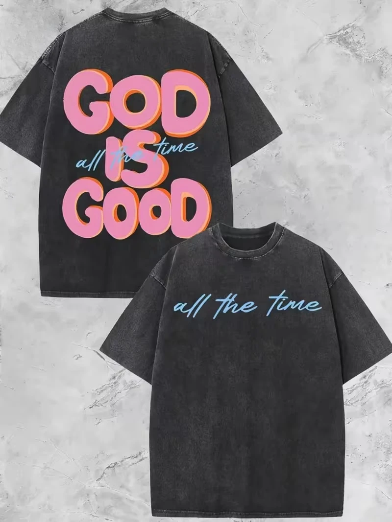 Vintage Washed God Is Good Pink Heart Graphic T-Shirt, Minimalist Christian Faith Casual Short Sleeve Top Women's T-shirt