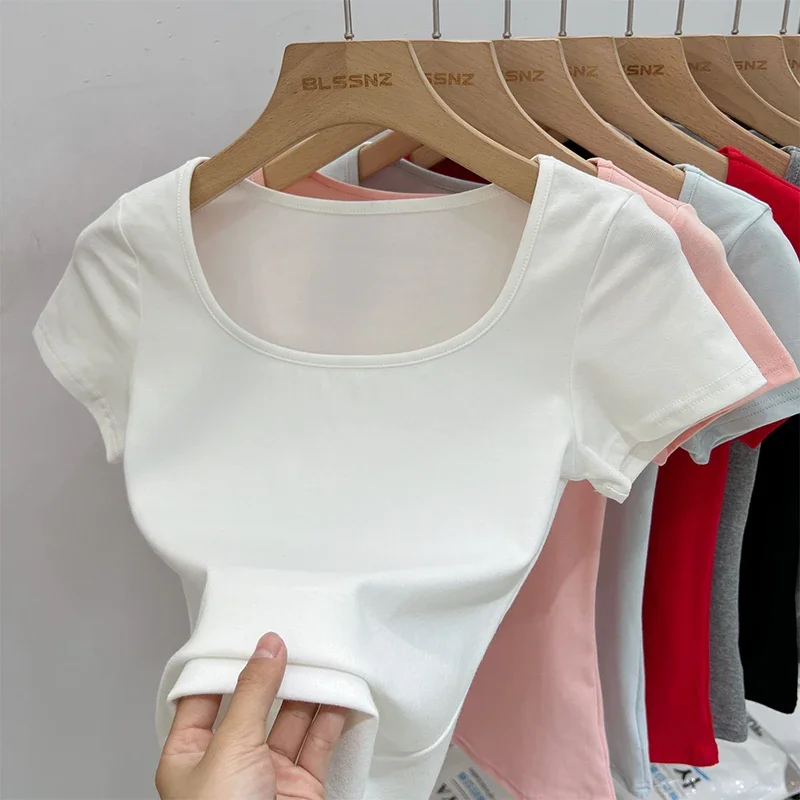 Zjaiss 夏無地スクエアカラー半袖 Tシャツ女性韓国ストリート Tシャツベーシック固体ヤングクールトップス 2025