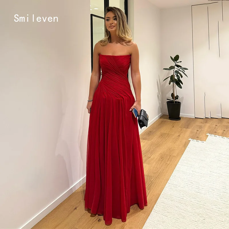 

Smileven Red A Line Prom Dress Pleat Strapless Evening Gowns Sleeveless Fasional Occasion Dress Customized 2026