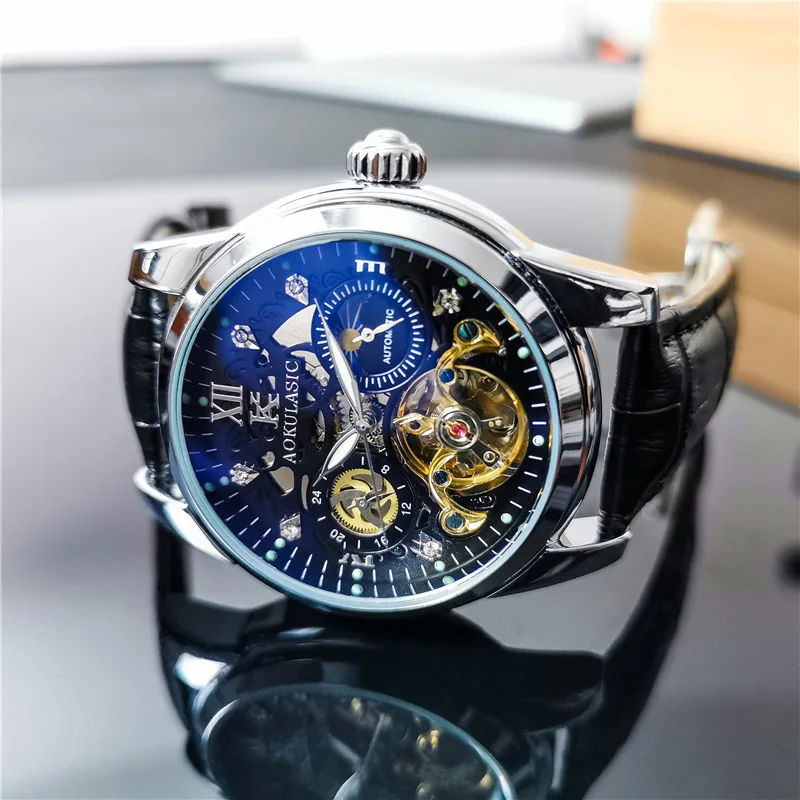 Tourbillon Skeleton Mens Watches Top Brand Luxury Moon Phase 24 Hours Display Iced Out Automatic Mechanical Watch Leather Strap