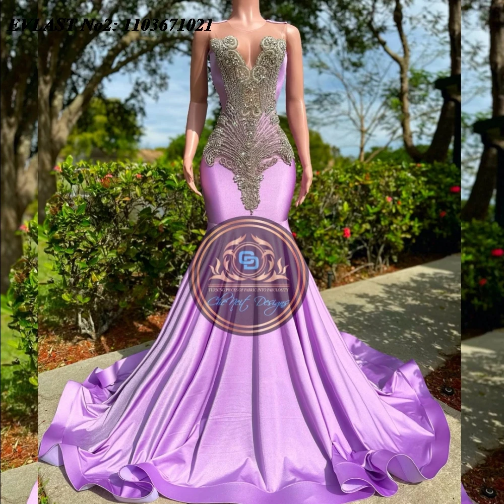 EVLAST 맞춤형 섹시한 아프리카 라일락 인어 무도회 원피스, 실버 아플리케 다이아몬드 크리스탈 구슬 장식 이브닝 원피스 파티 가운, E2P109