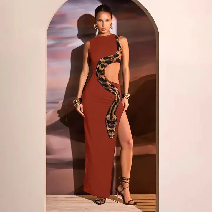 Zeyla Snake Print Sleeveless Cutout Waist High Slit Maxi Dress Slimming Flattering Bodycon Dress for Women Party Evening Wear
