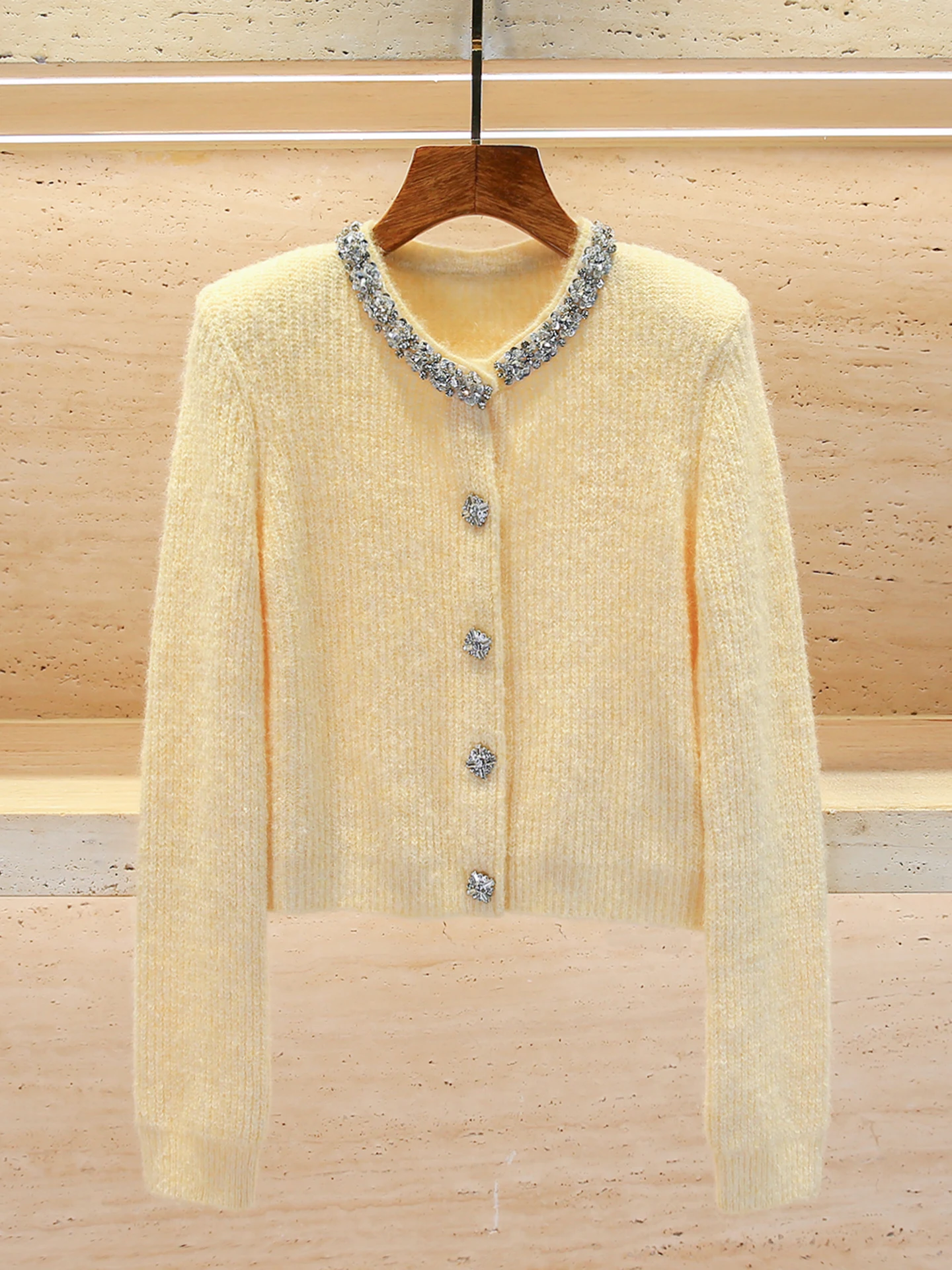 

Sweet Diamond Embedded Knitted Sweater Cardigan Outerwear for Women Ele Commute Sle Mid-Thi Long Sve round Ne