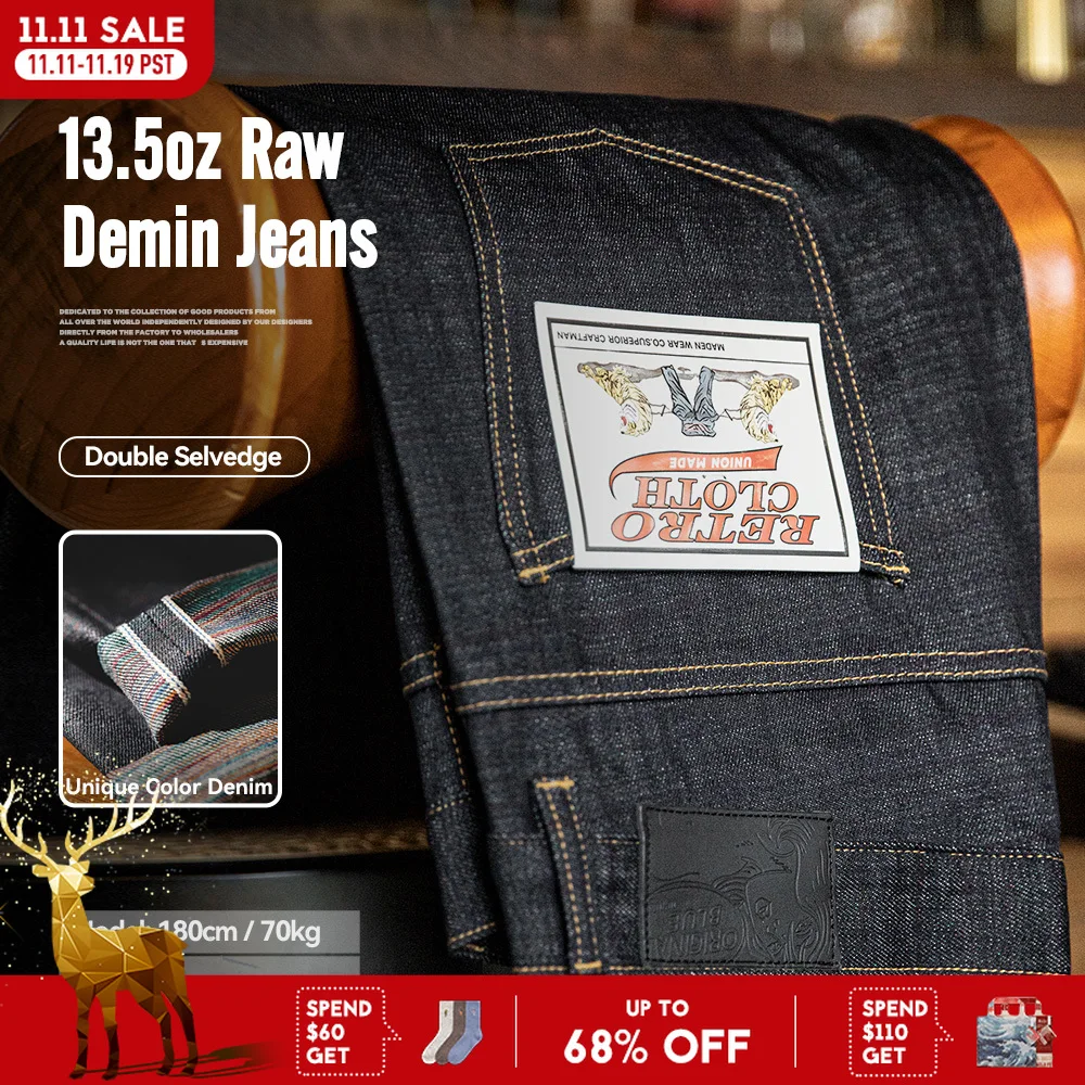 Винтажные джинсы Maden, 13,5 унции, тяжелые цветные джинсовые джинсы с кромкой, хлопковые прямые джинсовые брюки, мужские синие брюки на молнии