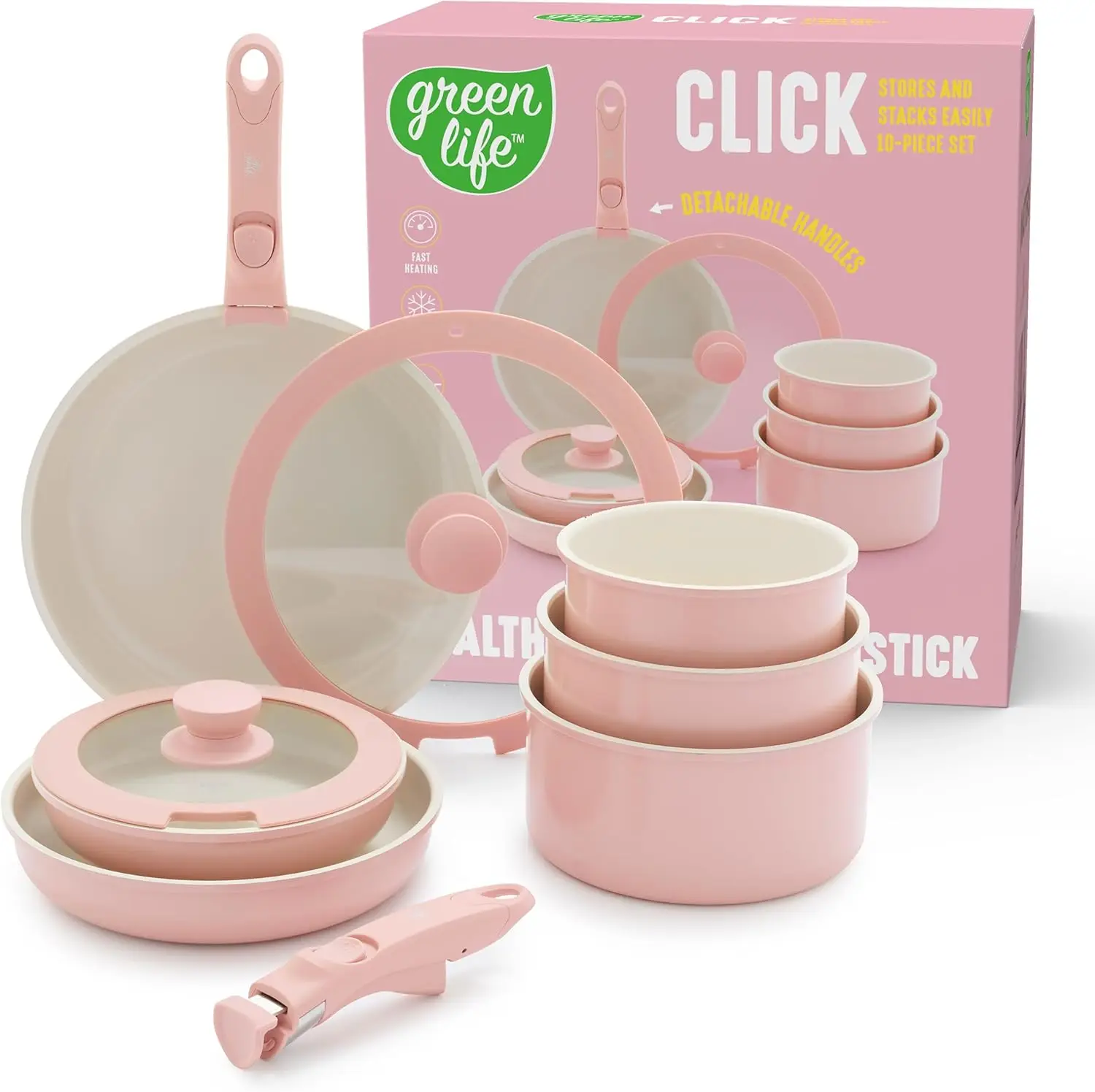 

10-Piece Nonstick Cookware Set, Detachable Handles, PFAS-Free, Induction-Safe, Stackable, Oven-Safe, Light Pink