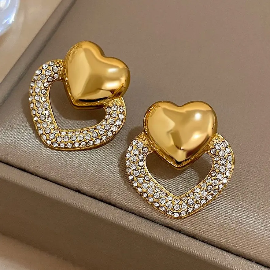 

Freetry Fashion Heart Drop Earrings For Women Stainless Steel Double Heart Inlaid Rhinestone Female Earring Jewelry Gift