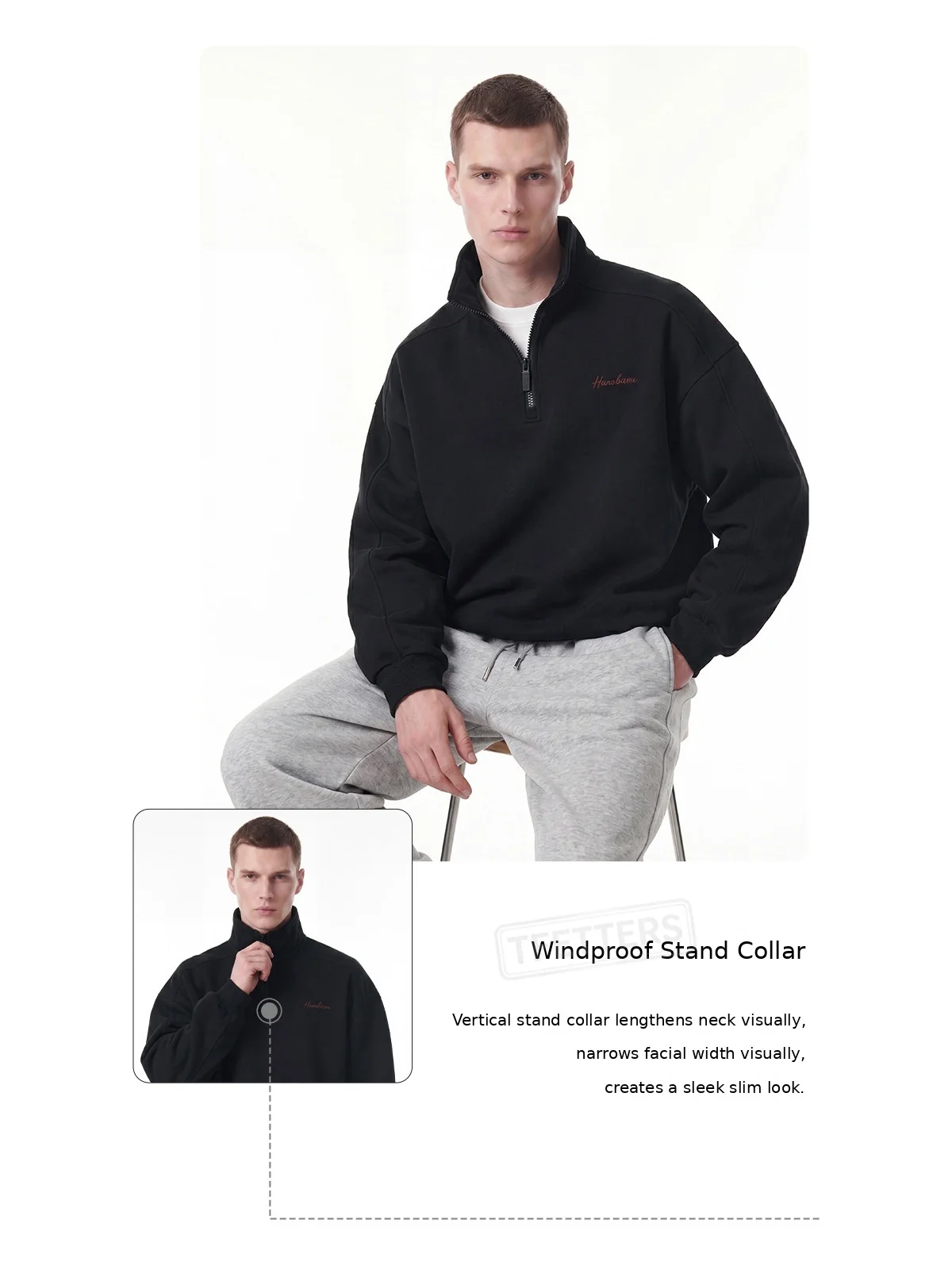 TFETTERS Fall Loose Cotton Half Zip Sweatshirt for Men Heather Gray Stand Collar Minimal Embroidered Casual Tops for Man EU SIZE