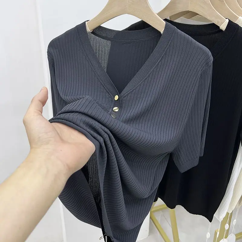 New Summer Women's Solid Stripe Loose V-neck Ice Silk Short Sleeved T-shirt Button Simple Versatile Thin Knitted Tops A516