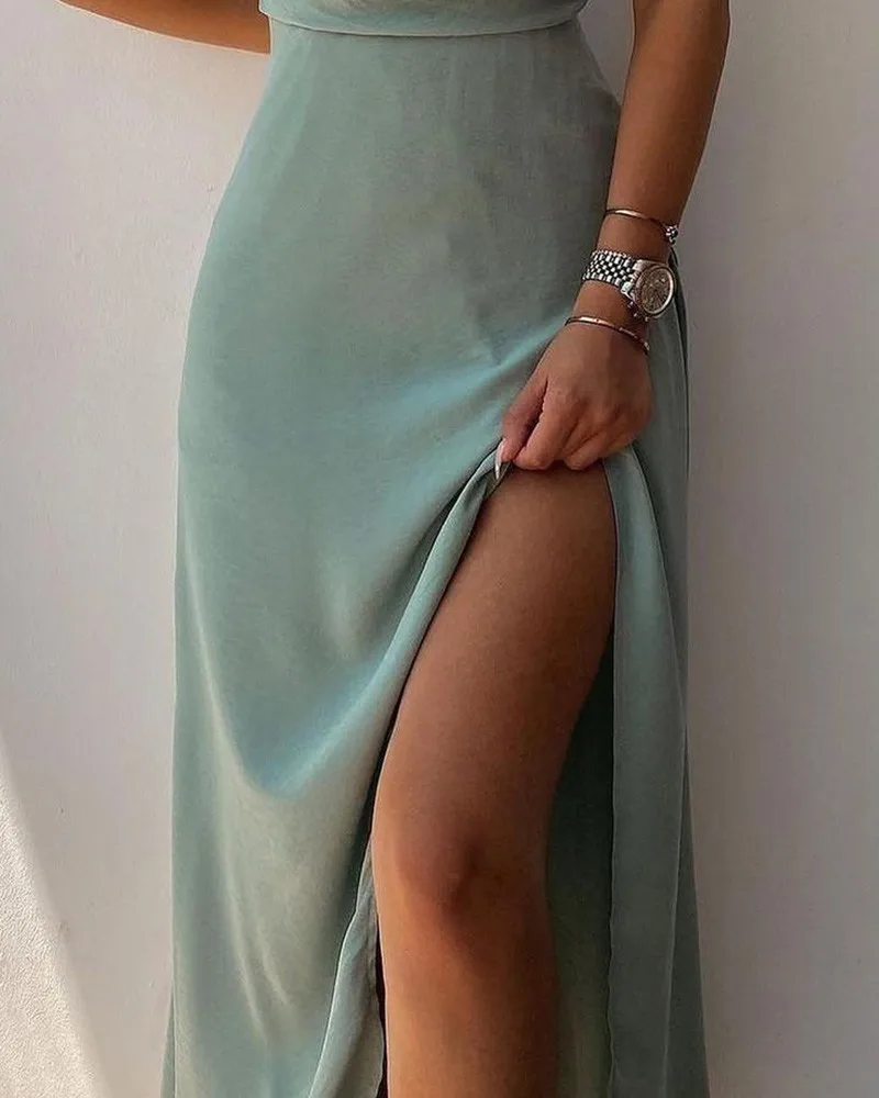 Women\'s Spaghetti Strap Satin Prom Dress, Long, Elegant, Mint Green, Backless, A-line, Maxi, Evening Party Gown, Summer