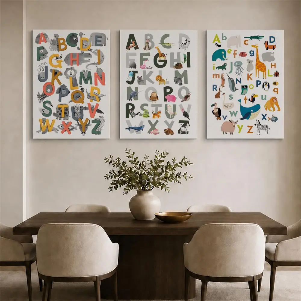 Dinosaur Alphabet ABC Framed Wall Painting Ready to Hang Canvas Art Poster for Living Room Bedroom Home Decor Decals