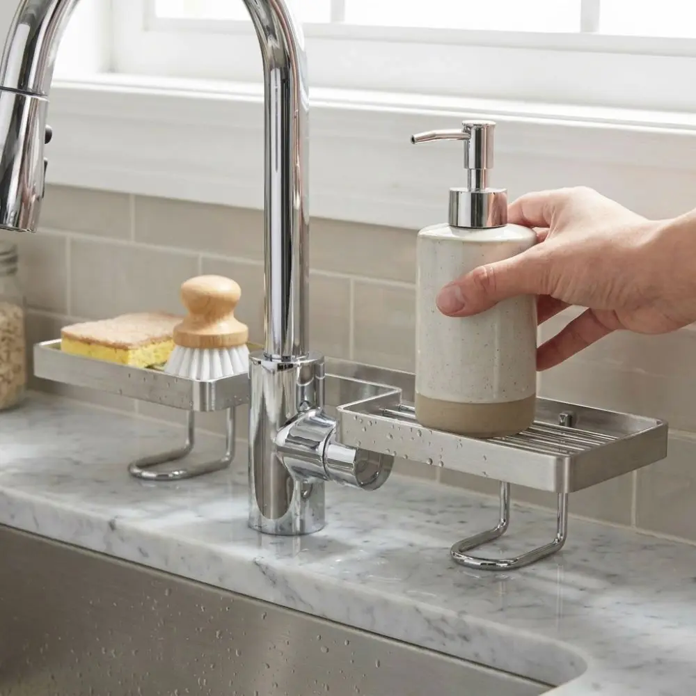 Stainless Steel Bathroom Counter Shelf Hollow Out Anti Slip Sink Storage Rack No Drill Integrated Sink Faucet Sink Drying Shelf
