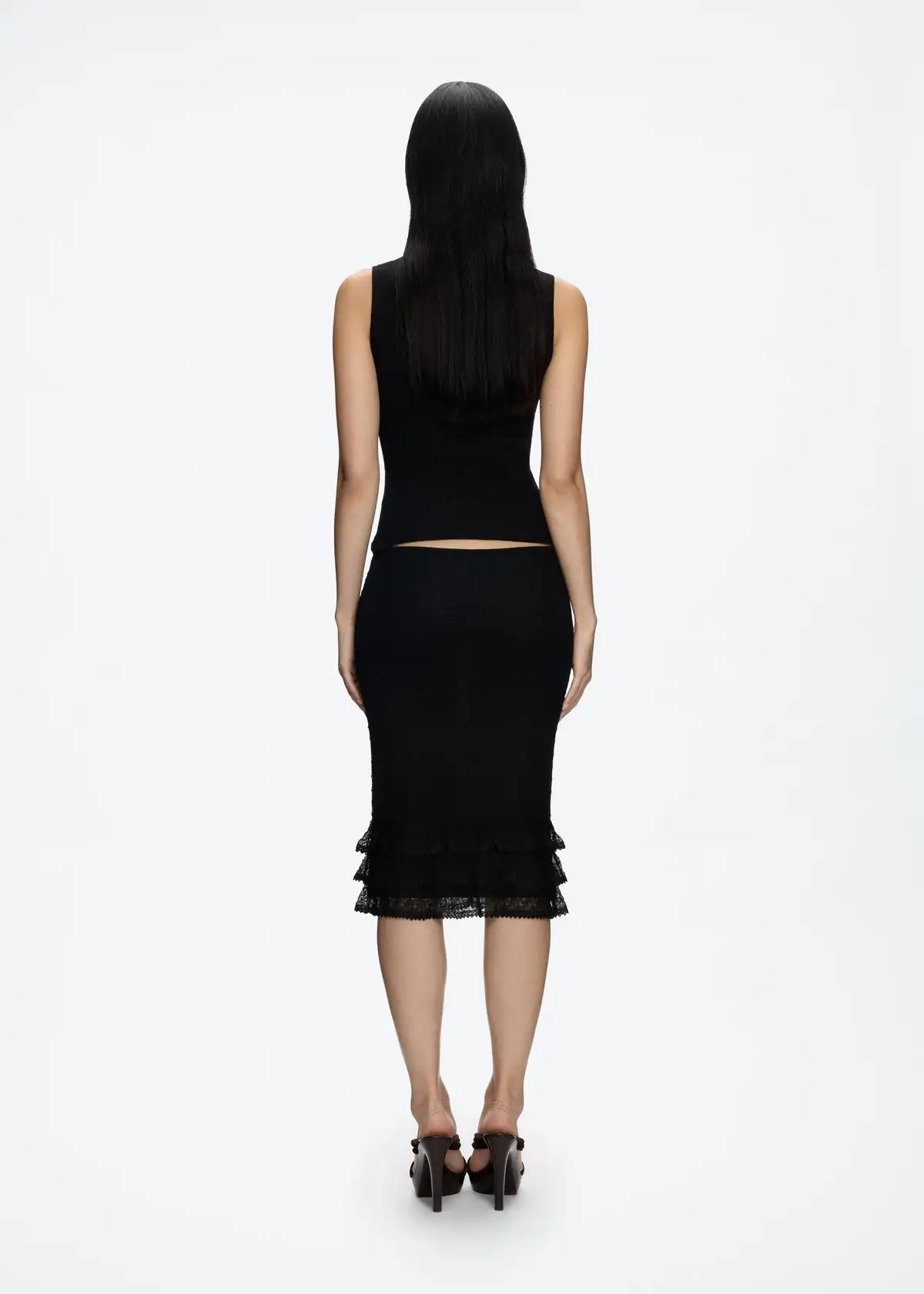 Falda de mujer con volantes de punto de lunares negros sin mangas, falda de longitud media muy elástica y versátil, falda de medusa sexy de cintura baja con cordón